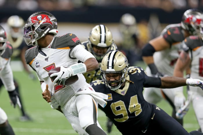 Tampa Bay quarterback Jameis Winston (3) is sacked by Saints defensive end Cameron Jordan (94). Mandatory Credit: Chuck Cook-USA TODAY
